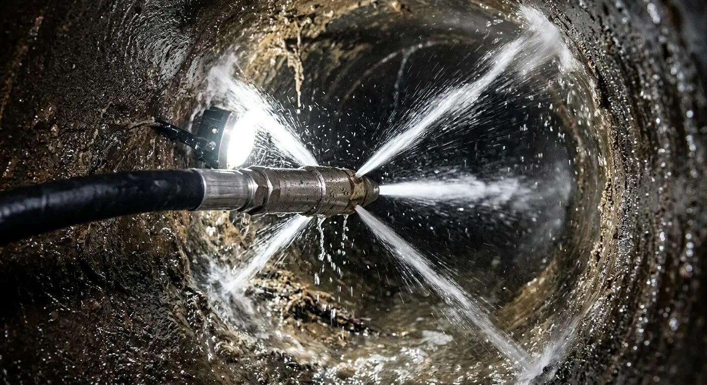 High-pressure hydro jetting nozzle cleaning sewer pipe for Trenchless Sewer Repair in Miami Springs