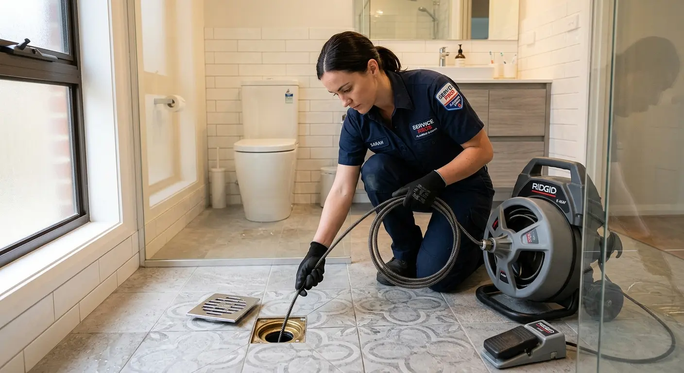 Technician clearing a bathroom floor drain for Drain Cleaning in Miami Springs